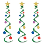 hanging Christmas decoration that has a star at the top with green whirls hanging down with multiple colored balls attached