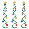 hanging Christmas decoration that has a star at the top with green whirls hanging down with multiple colored balls attached