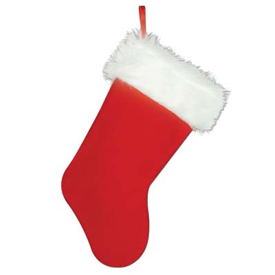 red and white hanging fabric Christmas stocking