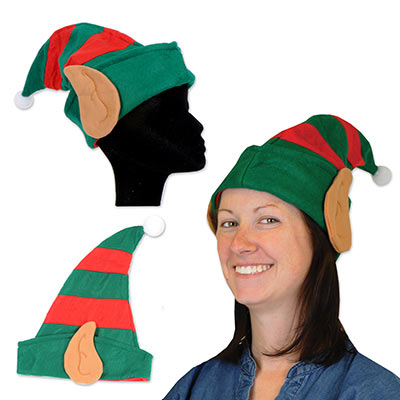 green and red elf hat with big elf ears on the side