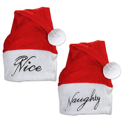 red and white fabric santa hats that has naughty written on one side and nice on the other