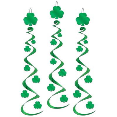 Hanging St. Patrick's Day decorations with whirls and green shamrocks