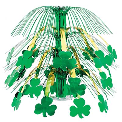 St. Patricks Day centerpiece with green shamrocks attached to gold metallic strands