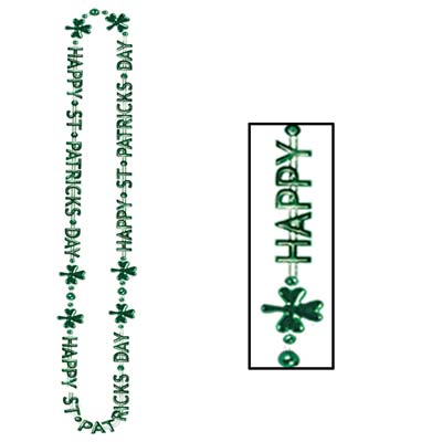 St. Patrick's Day beads that are green that reads Happy St. Patrick's Day with green shamrocks on the necklace