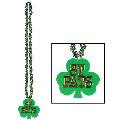 green beads wrapped around each other with a shamrock medallion at the bottom that has St. Pats printed on it in gold