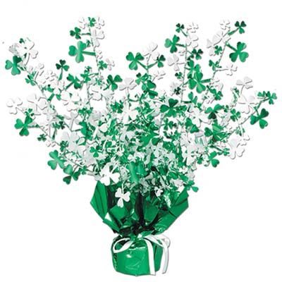 green and white St. Patrick's Day centerpiece with shamrocks attached to a green weight