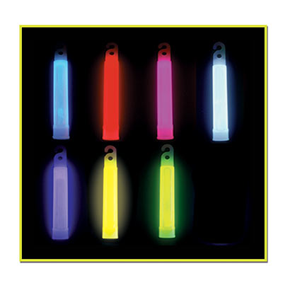 Six inch glow stick in assorted colors with necklace hole.