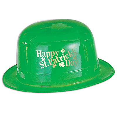 Green derby hat that reads Happy St. Patrick's day in gold on the hat