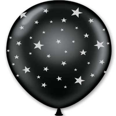 Black balloon with white imprinted stars for New Year's Eve.