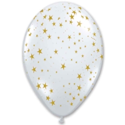 White balloon with various sized gold imprinted stars.