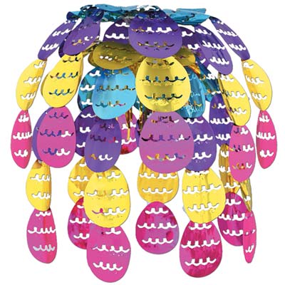Easter Egg hanging cascade with large foil pink, gold, blue, and purple Easter eggs on it