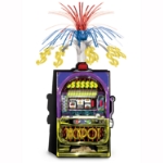 Casino centerpiece that looks like a slot machine with a burst of metallic dollar bills coming out of the top of it