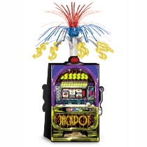 Casino centerpiece that looks like a slot machine with a burst of metallic dollar bills coming out of the top of it