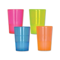 Hard plastic neon shot glasses in blue, orange, pink, and green. 