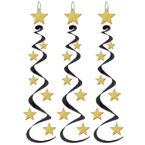 Black metallic whirls with hanging gold stat embelishments. 