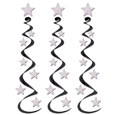 Black metallic whirls with silver stars on the sides and top. 