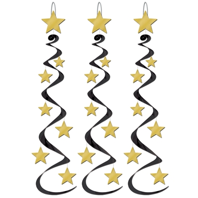 Black metallic whirls with hanging gold stars on the sides and one at the top. 