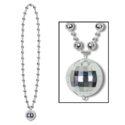 Silver disco ball necklace in the theme of 1970s disco