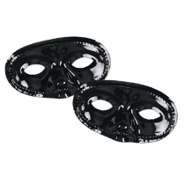 black plastic masquerade mask with an elastic strap attached