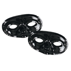 black plastic masquerade mask with an elastic strap attached