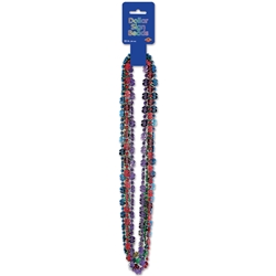 assortment of party beads that have dollar signs around the necklace in many colors