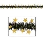 Black metallic fringe garland with gold stars.