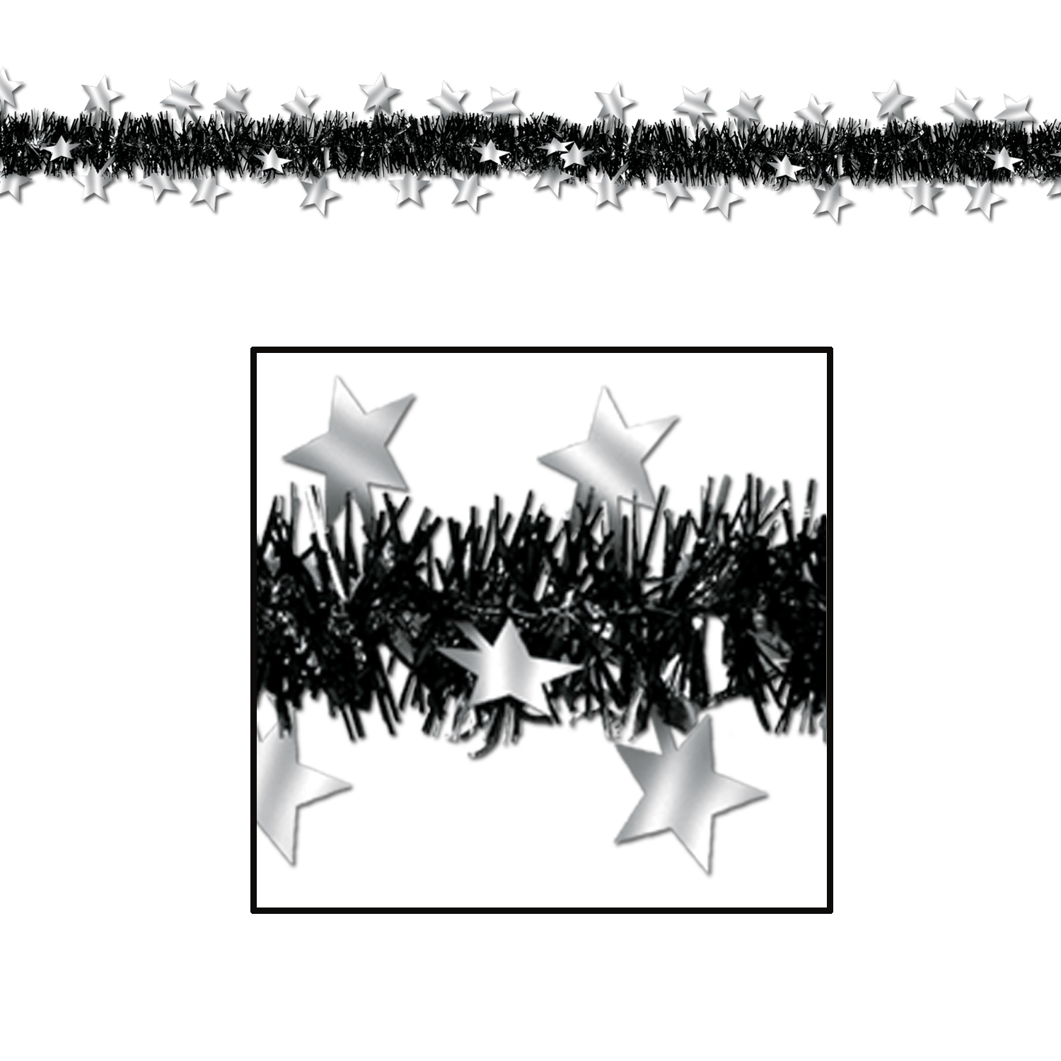 Black metallic fringe garland with silver metallic stars. 