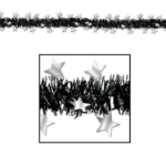 Black metallic fringe garland with silver metallic stars. 