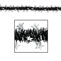 Black metallic fringe garland with silver metallic stars. 