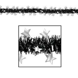 Black metallic fringe garland with silver metallic stars. 