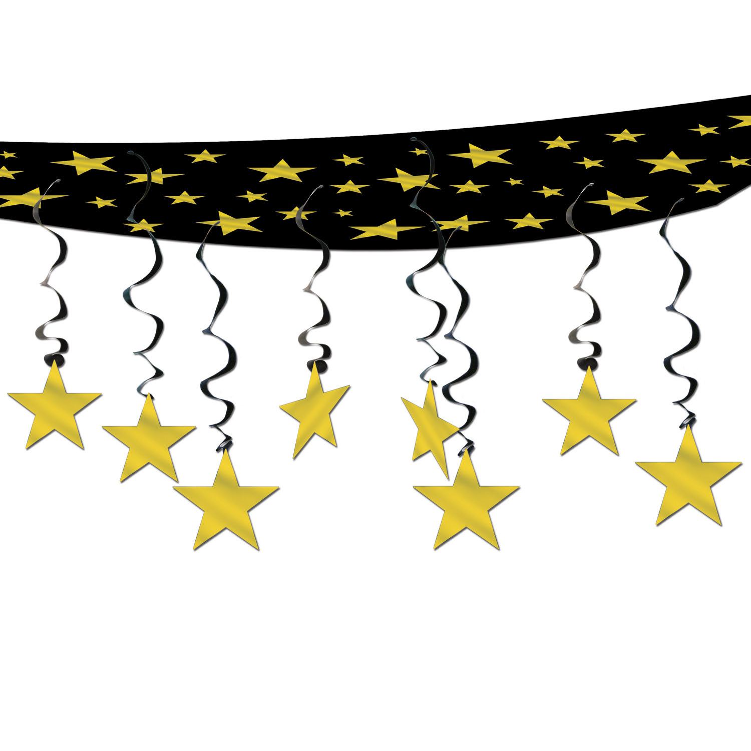Black hanging ceiling decor with gold stars and hanging black whirls with stars on the end. 