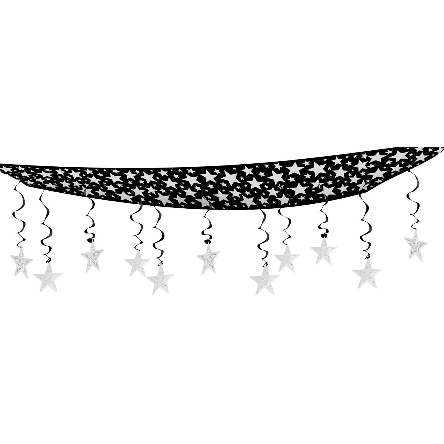 Hanging black ceiling decor with silver stars and black dangling whirls with silver stars. 