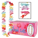 Boxed multi-colored floral luau leis. 