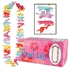 Boxed multi-colored floral luau leis. 