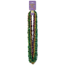 green gold and purple beads that have a swirl design around the necklace