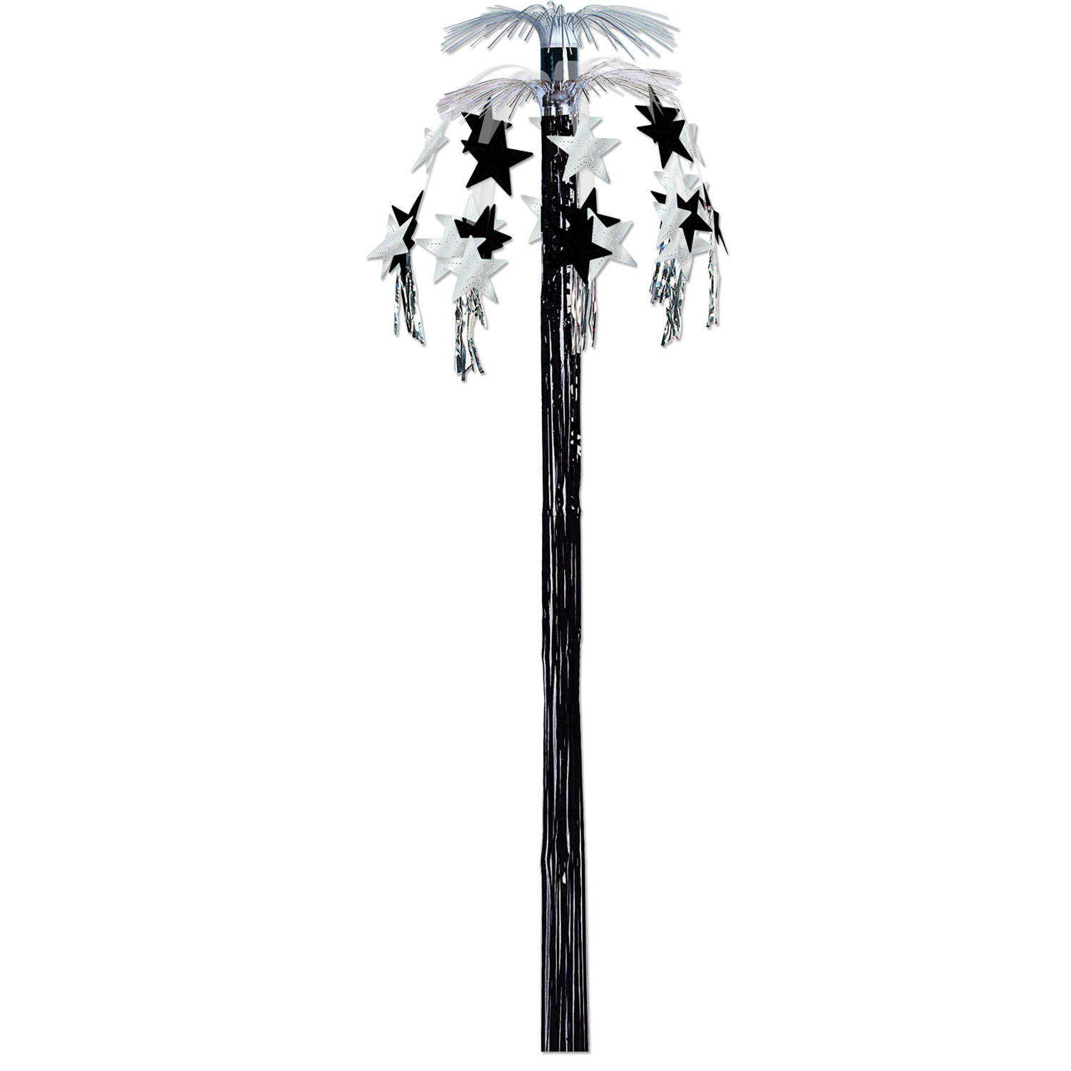 Metallic silver hanging cascade fountain with black and silver stars hanging from the top and black tassel in the center.