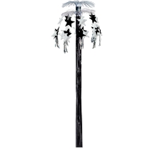 Metallic silver hanging cascade fountain with black and silver stars hanging from the top and black tassel in the center.