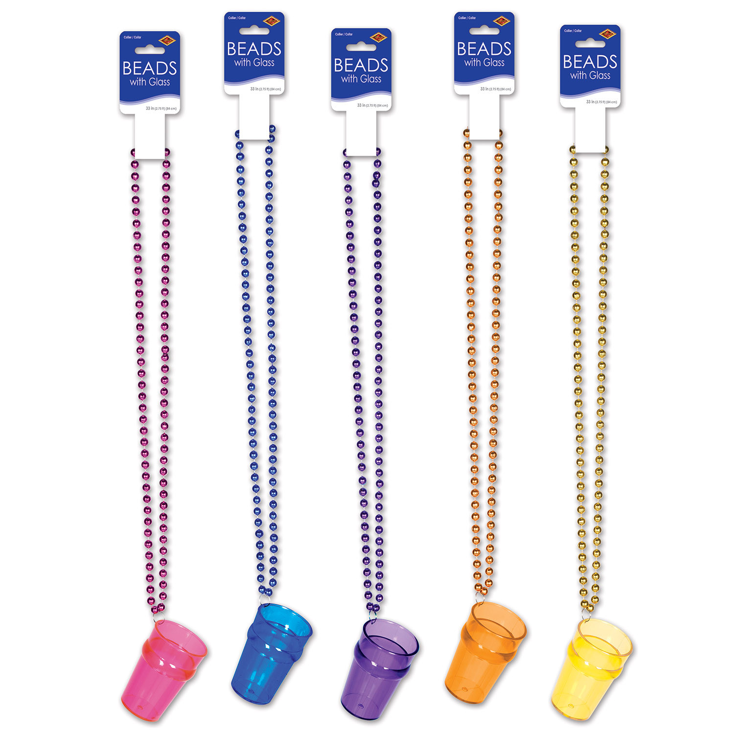 Pink, blue, purple, orange, and yellow party beads with matching colored, plastic shot glass. 