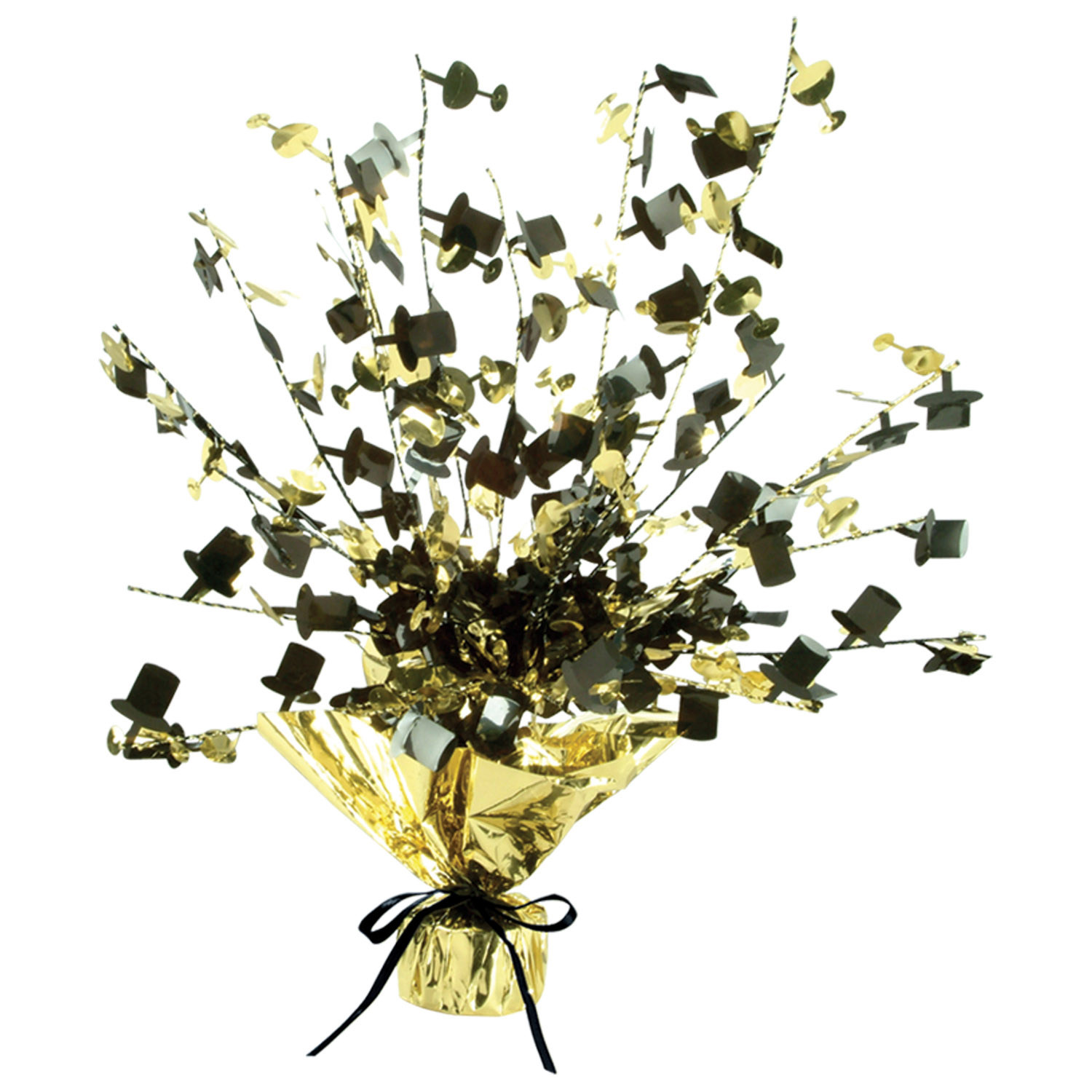 Metallic black and gold wired table centerpiece with tiny top hats and champagne glasses attached to each wire.