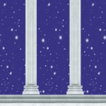 backdrop with white columns in front of a dark blue sky with stars