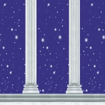 backdrop with white columns in front of a dark blue sky with stars