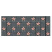 "Star" Backdrop with a squares of gray and pattern of pink stars printed on thin plastic material.