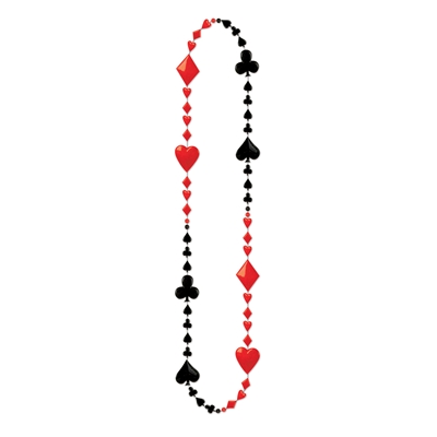plastic bead necklace in red and black with hearts, diamonds, clubs, and spades