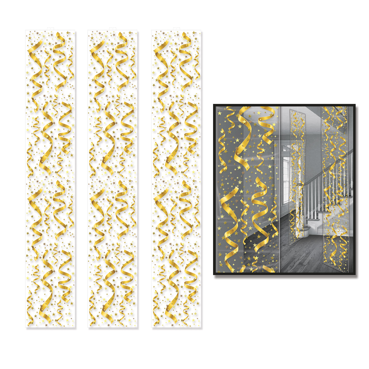 Gold serpentine and confetti decorated hanging party panels. 