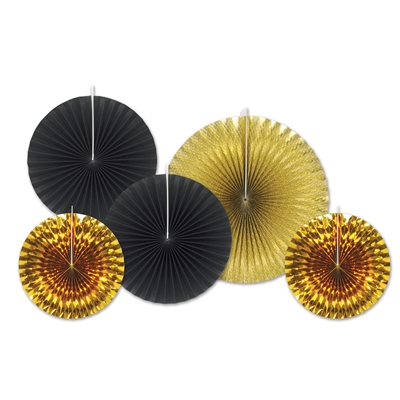 Assorted sized paper and foiled fans in gold and black. 