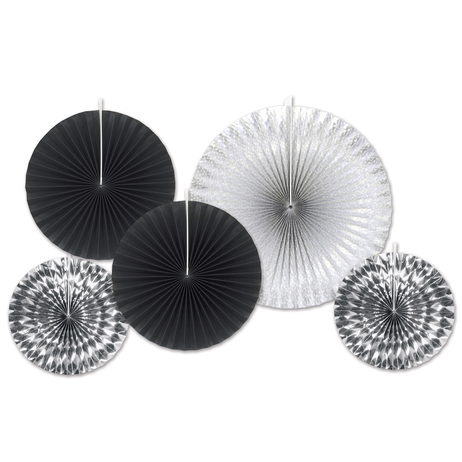 Assorted sized paper and foil fans in silver and black 