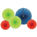 Assorted sized paper and foil fans in blue, green, and red. 