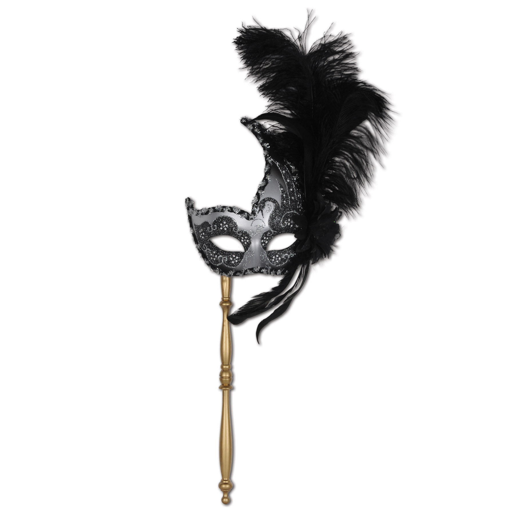 Feathered black and silver mardi gras mask supported by a golden stick. 