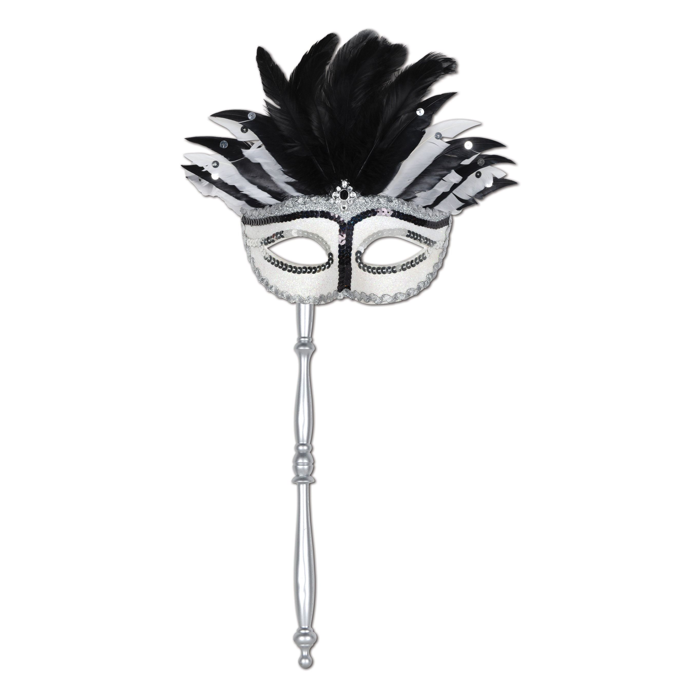 Black and white feathered mask on silver stick. 