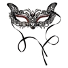 black and white metal mask with red accents above the eyes with a ribbon to tie to the head